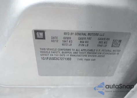 2012 Chevrolet Cruze Eco из США, поврежденный, VIN 1G1PJ5SC6C7271360